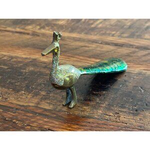 Vintage Brass Peacock Figurine With Glitter Accents & Amber Glass Eyes Missing o